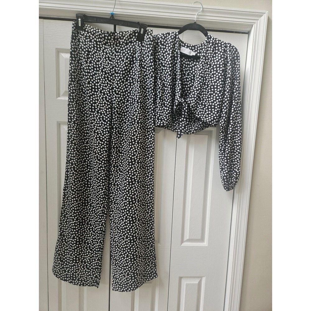 RESA Polka Dot 2 Piece Set Womens Small Black White Tie Front Top Wide Leg Pants